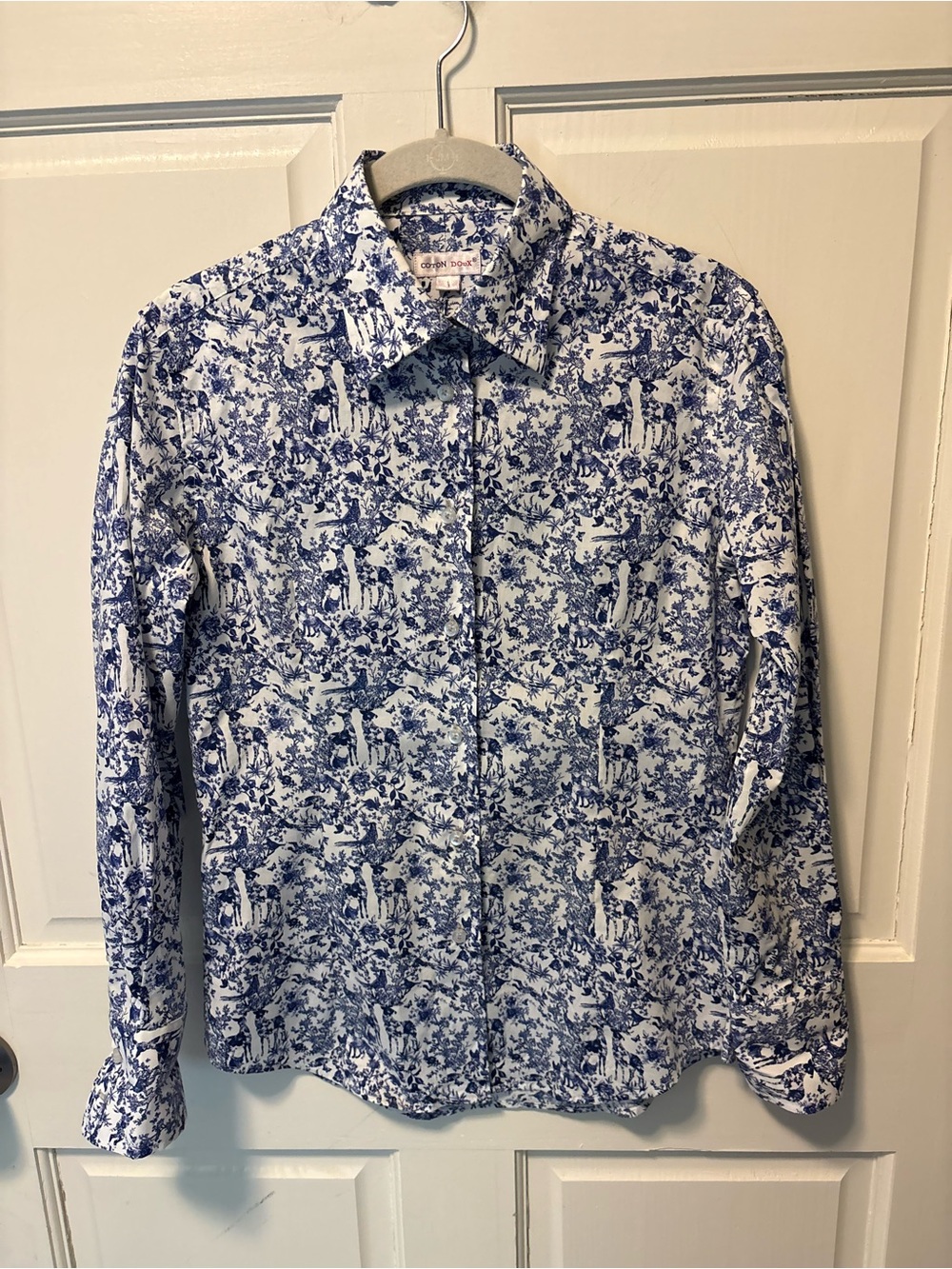 Coton Doux blue white forest animal toile  floral cotton shirt top button 1 xs